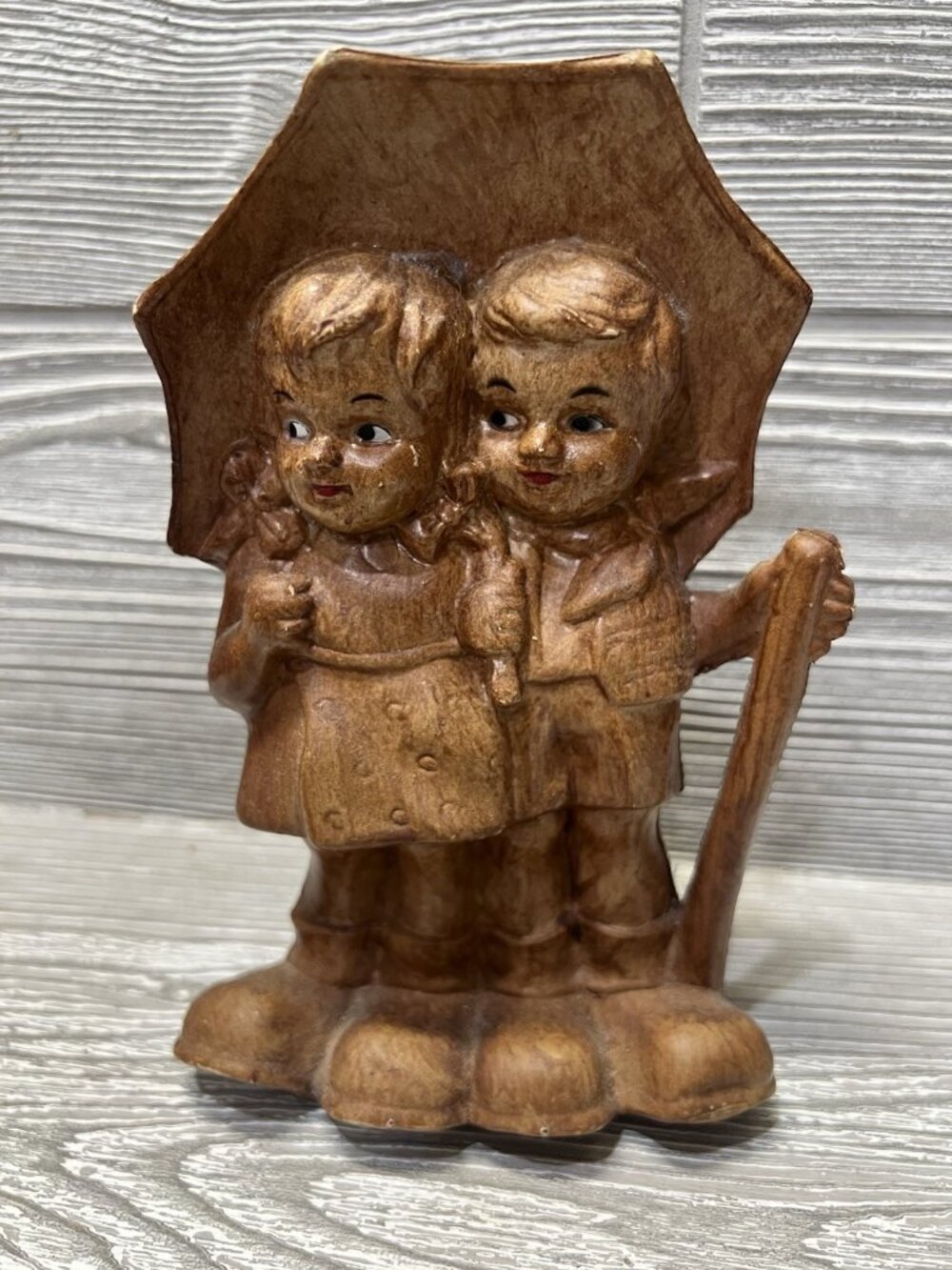 Vintage Boy and Girl Under Umbrella Wooden Figurine 9” Retro Kids